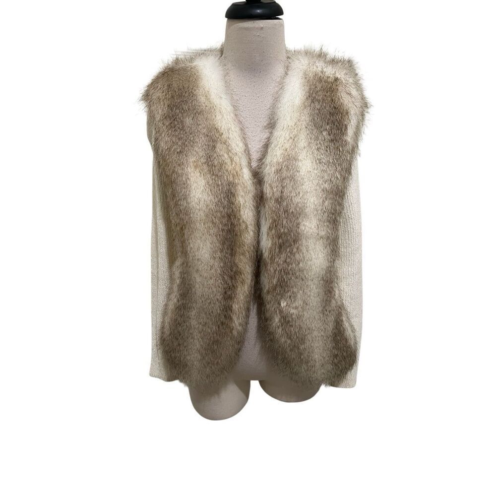 LaSeine Women's Faux Fur Open Front Knit Cardigan Sweater White Tan Small